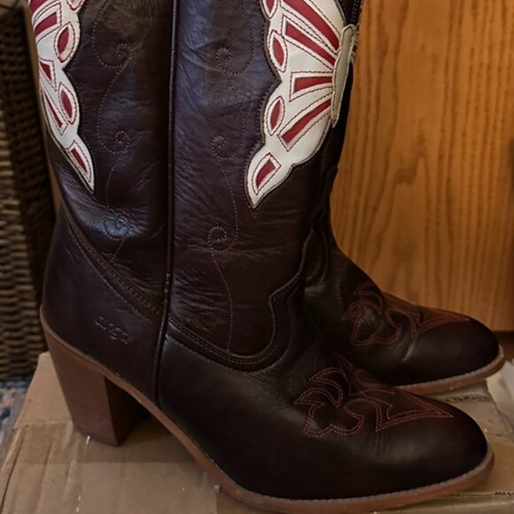 EUC Dingo Women's Brown Cowboy Boots Red Butterfly Inlay Leather size- 8.5 - Picture 4 of 9